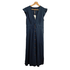 Quince Women Vintage Wash Tencel Button Front Midi Dress Blue S
