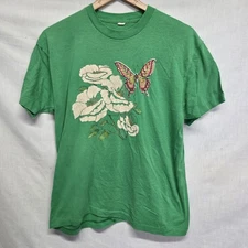 Vtg Tee Shirt Size XL Green Floral Butterfly Print Single Stitch Screen Stars