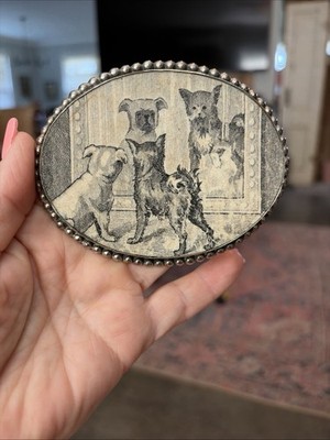 Early French Mounted Transfers are Of Dog Scene On Jewelry Pc. , Sarreguemines