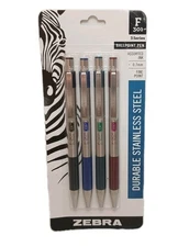 Zebra F301 3 Series Ballpoint Stainless Steel Pen Fine Point 0.7mm 4 Pk Assorted