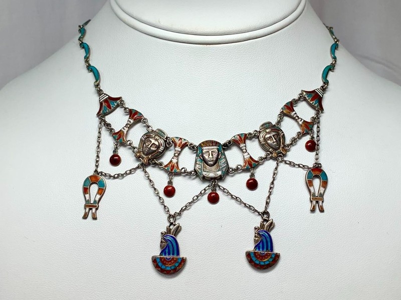 Egyptian Revival Necklace Pharoah Goddess Lotus Antique Art Deco Silver Enamel