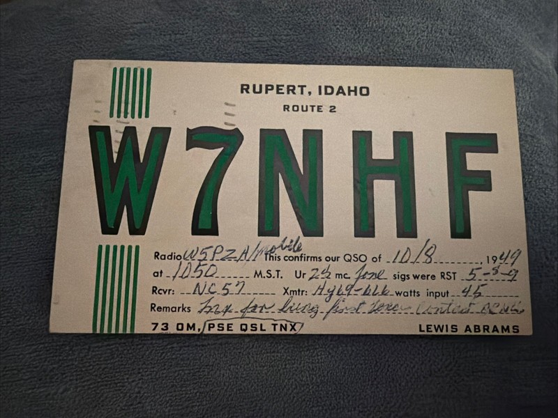 1949 W7NHF Mobile Rupert Idaho Lewis Abrams QSL