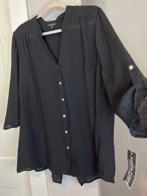 Notations Woman Blouse Plus Size 2X Black Button-up Roll Tab 3/4 Lightweight NEW