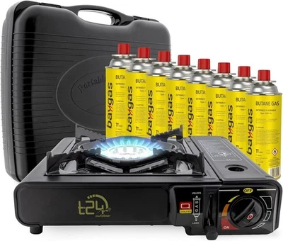 T24 Gaskocher Campingkocher Camping Herd Koffer Tischgrill Notfallkocher mit 8x Gas