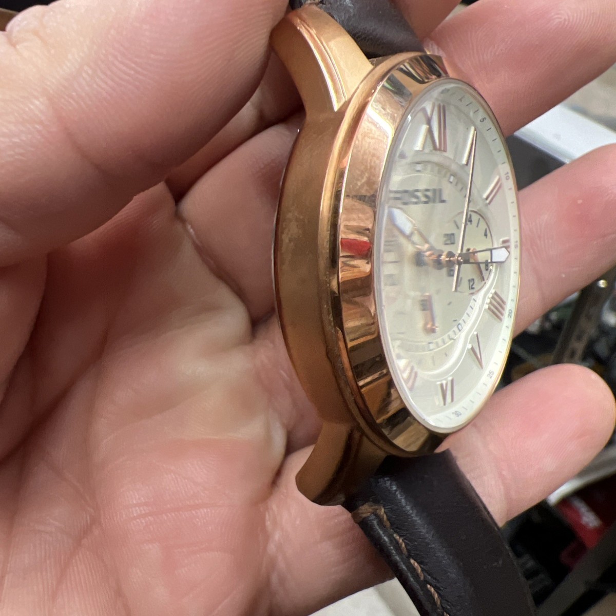 Fossil FS4991 Grant Chronograph Rose Gold Brown Leather Band 44mm