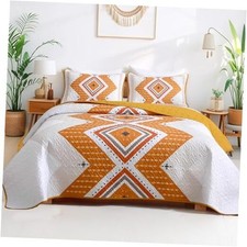 Boho Quilt Set Size, Aztec Texture Coverlet Bedspread Queen Burnt Orange