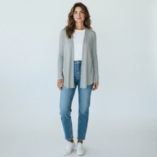 Sinuous Gray Waffle Knit Cardigan Open Front Cozy Layer Made in USA Size Medium