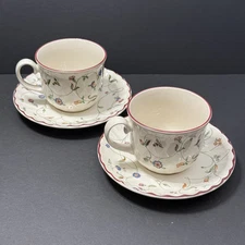 Staffordshire Tableware Oakwood Cups & Saucers Flowers Red Trim England Set of 2
