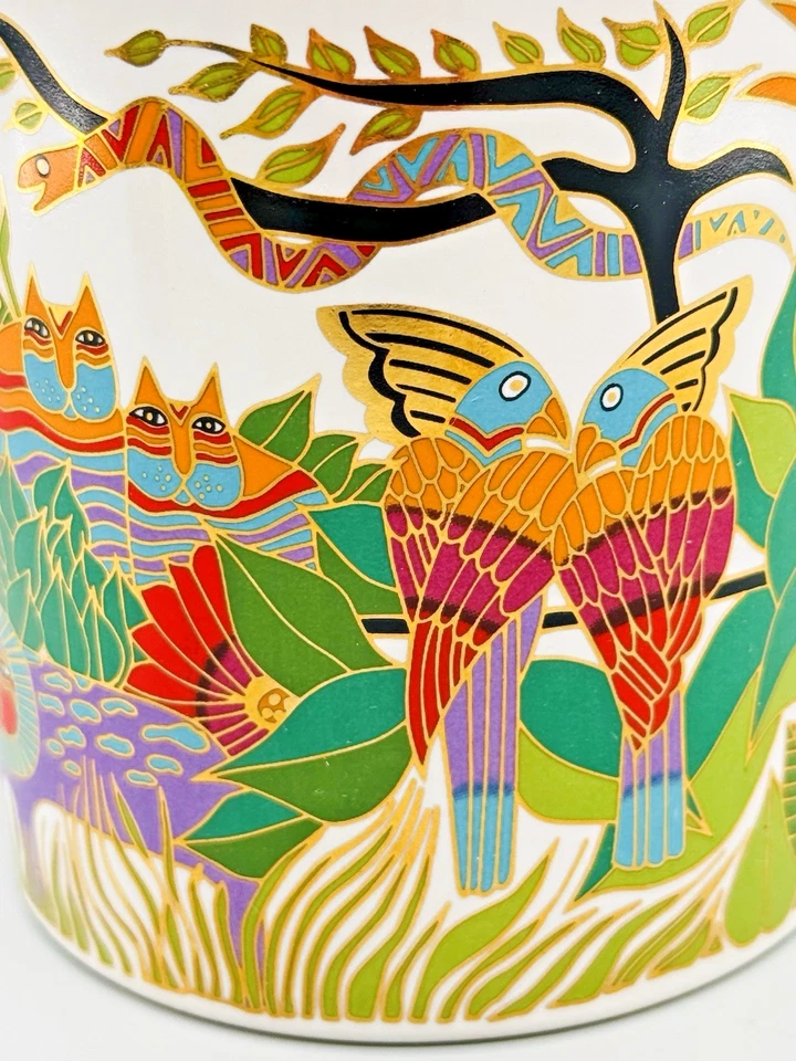 Taza Laurel Burch The Secret Jungle Hoja de Oro 14 OZ 1989 León Gatos Pájaros Foto 4 de 4