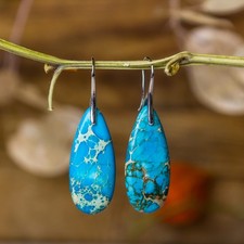 Blue Turquoise Stone Bohemian Teardrop Dangle Handmade Gemstone Hook Earrings