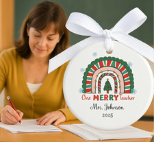 Personalized Christmas Teacher Ornament   One Merry Teacher   Name  Year Gift