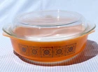 Vintage Crown Agee Pyrex Casserole Orange round “Medallion”
