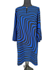 Tahari Blue Black Stripe Shift Dress Size 16 Lined Long Sleeve Button Expose Zip