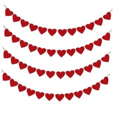 4Pcs Valentines Day Decorations Red Felt Heart Garland Banner, Pre-Strung, 48