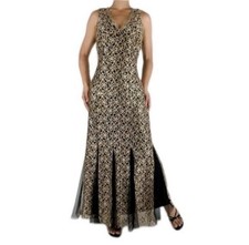 Candalite Gold Lace Sequin Evening Gown Mermaid V-Neck Open Back Size S NWT