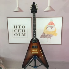 Tobacco Burst V Shape Electric Guitar Spalted Maple Top Solid Body Gold Hardware