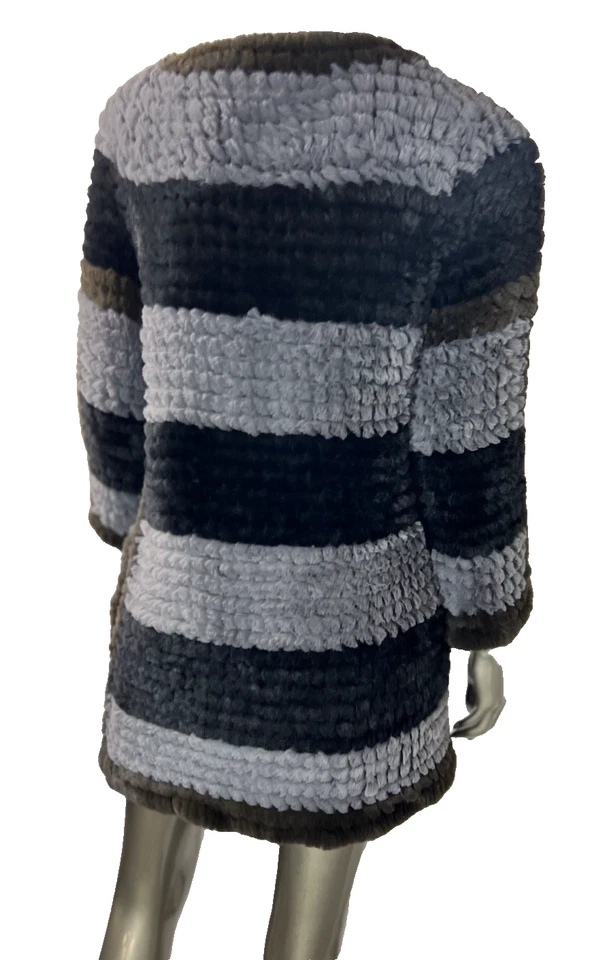 Fur Knitted Cardigan Womens Small Gray & Black Stripe Faux Fur Jacket Love Token - Image 4 of 4