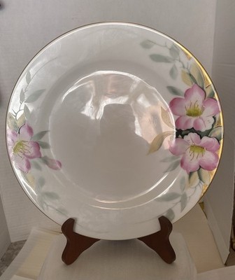 Noritake Azalea 19322 Dinner Plate 9.75'' Pink Floral Gold Rim Green Stamp Japan