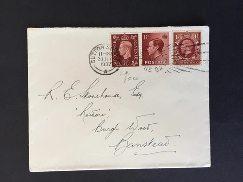 GB 1937 3 KINGS (1½d) ON COVER FIRST DAY KGVI PMK TO BANSTEAD