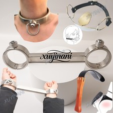 Stainless Steel Push Lock Fixed Handcuffs Wrist Bondage Collar Heavy Restraints