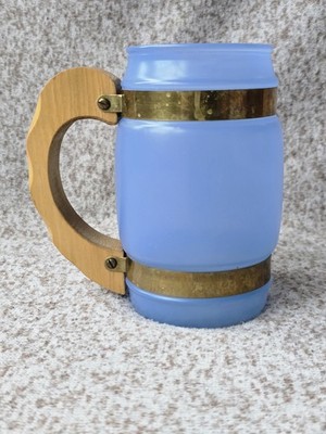 Siesta Ware Vintage Frosted Blue Glass Beer Barrel Mug Wood Handle Made In USA