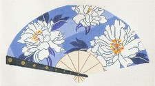 Oriental FAN of White Flowers on Blue handpainted Needlepoint Canvas by LEE