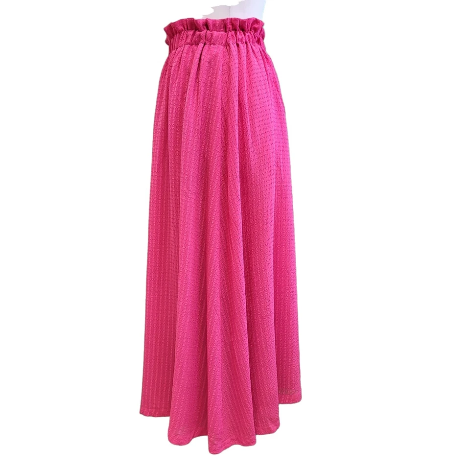 Vintage Pleated Maxi Skirt  Jaeger Bright Pink Seersucker 70s A-Line 12 - Image 2 of 4
