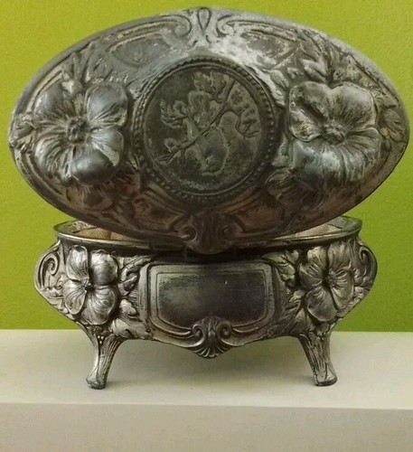 Vintage Zinn Silber Farbe Schmuck Schatulle Box Verziert Viktorianisches Design 1920-1925 - Bild 6 von 10