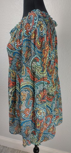 Melissa Paige Shirt Women Size M Blue/Orange Paisley Flowy Drapey Tunic - Picture 3 of 6