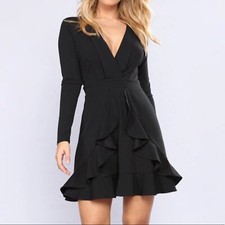 Fashion Nova black delicacy ruffle dress long sleeve mini medium NWT new
