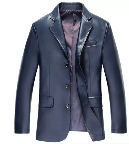 Men's Genuine Lambskin Leather Blazer Jacket THREE BUTTON Blue Classic Coat