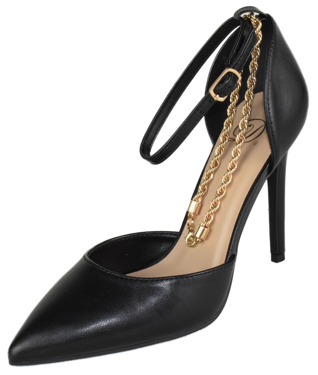 Gold Chain Black And Gold Pump Heels With Chain Ankle Strap Delicious  Stiletto High Heels Anklet, image size:1016x1200
