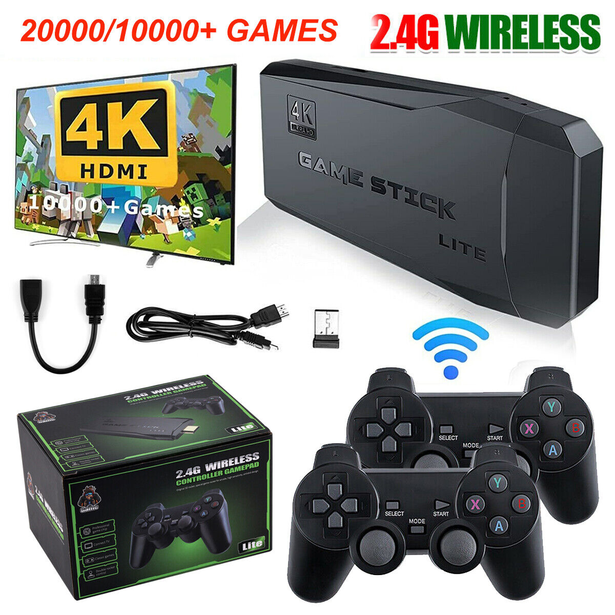 4K HDMI TV Game Stick Built-in 64GB 20000+ Video Games Console Wireless  Gamepad