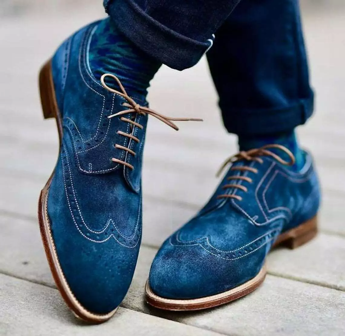 New Pure Handmade Blue Suede Leather Brogue Lace Up Wingtip Dress