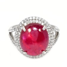 925 STERLING SILVER BLOOD RED RUBY OVAL CABACHON  WHITE CZ RING, SIZE 8.5