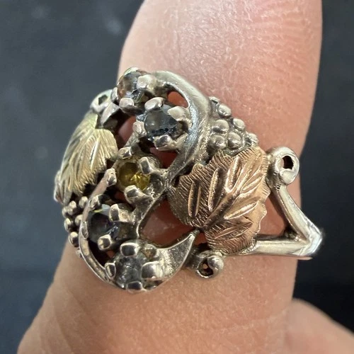 12K Black Hills Gold On Sterling 12K Rose & Green Leaves By Coleman SZ 9 VTG