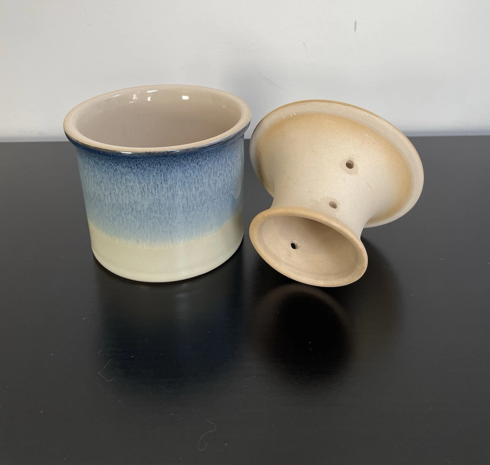 Ceramic Two-Piece Butter Bell Container, Blue/Biege Glazed
