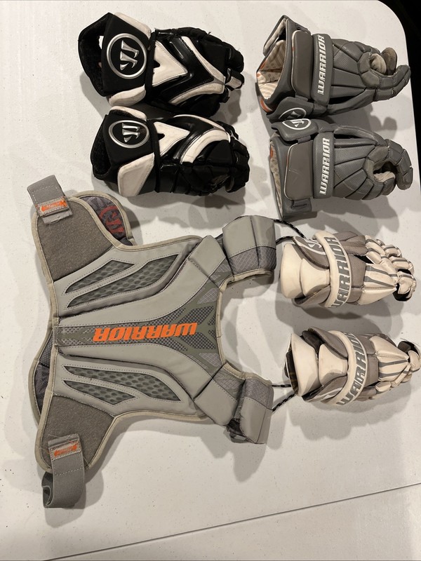 Set Of 3 Lacrosse Gloves Plus Chest Protector Warrior, Used But Good For Practic
