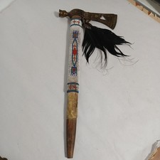 Native American Indian U.S. Pipe Tomahawk with Engraved Blade and Beadwork