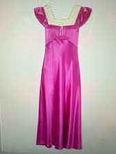 DÔEN Corina Magenta Lace Trim Satin Maxi Slip Dress Square Neck Cap M