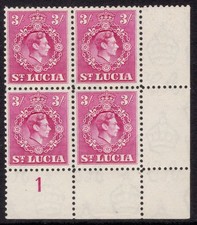 St Lucia 1938-48 3/- Bright purple in a plate block of four SG 136a Mnh. (A1050)