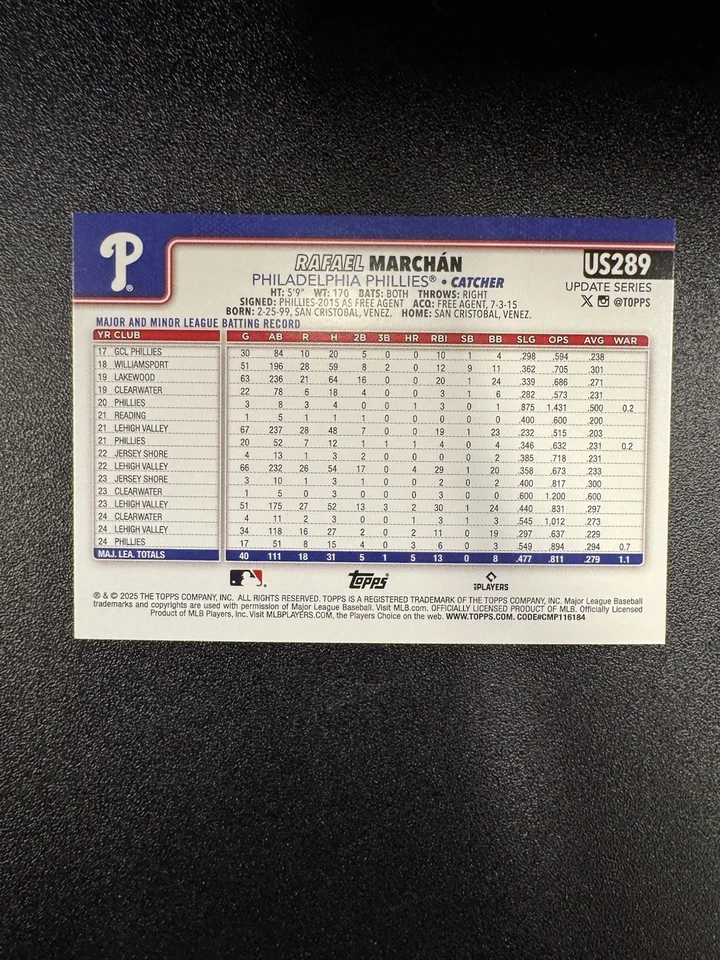 2025 Topps Update Rafael Marchan #US289 Phillies - Image 2 of 2