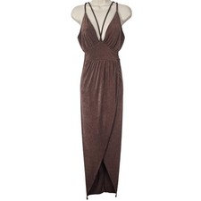 Fashion Nova Dress Womens Medium Brown Lets Sneak Out Maxi Wrap Plunge Neckline