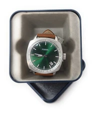 Fossil PR5486 Sun-Ray Green Dial Tonneau-Cushion Case Perforated Leather Band