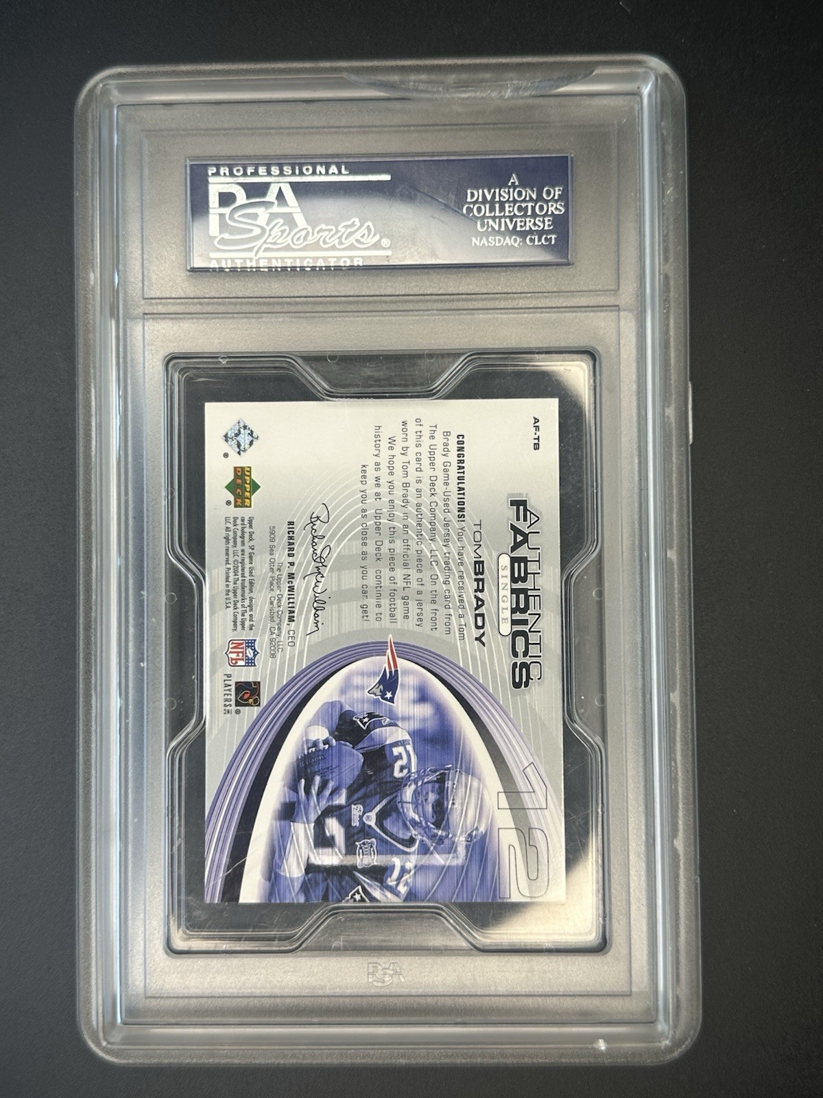 2004 UD SP Game Used Tom Brady Game Used Jersey Fabric PSA 10 GEM Worn Patch view 3