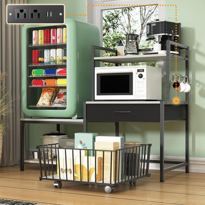 Compact Mini Fridge Stand with Power Outlet & Storage Basket - Gray