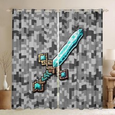 Castle Fairy Cartoon Sword Window Curtain,Pixelated Themed Games Living Room Dec