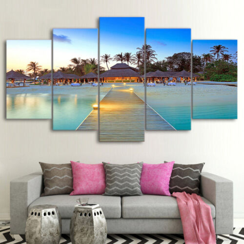 Beach Palm Trees Wooden Bridge Blue Sky 5 Panel Canvas Print Wall Art Home Decor - Picture 1 of 12