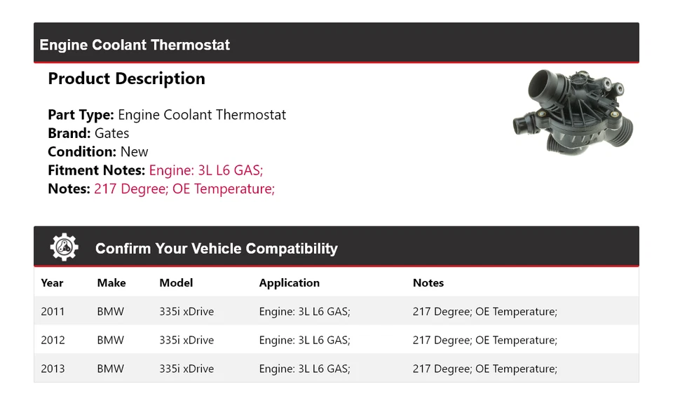 Para BMW 335i xDrive 2011-2013 3L L6 motor gas refrigerante termostato puertas 2012 Foto 2 de 4