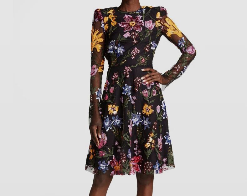 $2495 Naeem Khan Women's Black Floral Sequin-Embroidered Tulle Dress Size 6